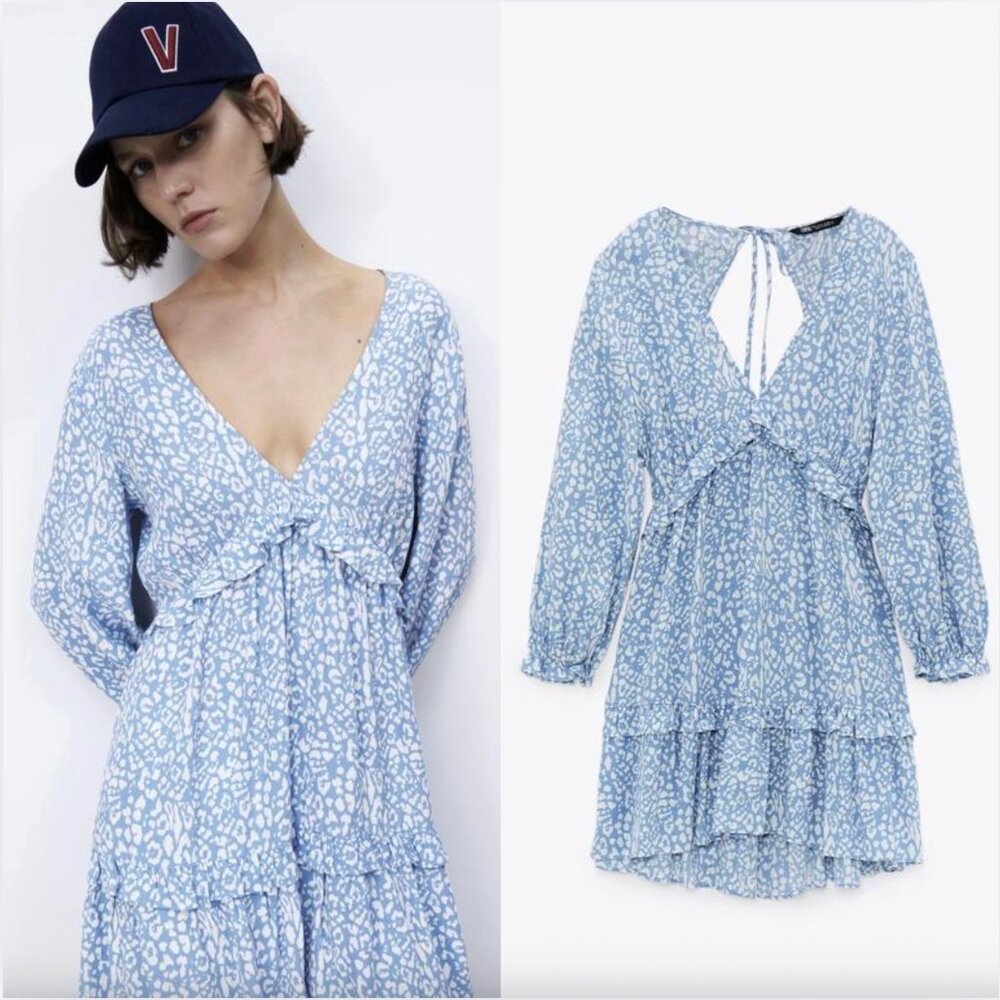 Zara Animal Print Mini Dress Vneck Long Sleeve Blue